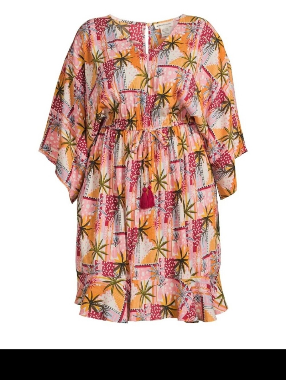 Tropical Patchwork Tassel Waist Dress in Pink & Mustard NWT